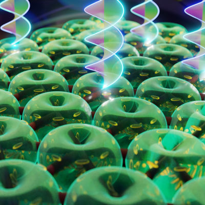 Optical tornadoes created in tiny liquid crystal structures